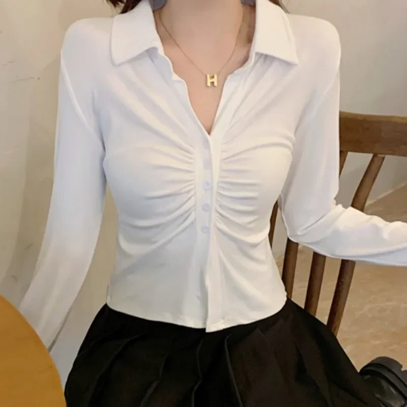 White Y2k Shirts Women Long Sleeve Pleated Solid Sexy Skinny Turn-down Collar All-match Clean Fit Slim Fashion Soft Niche JK New