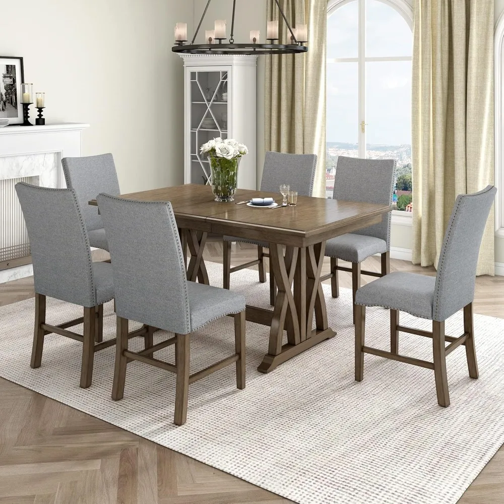 7 Piece Dining Table Set, Extendable Table with 12” Leaf and 6 Upholstered Chairs, Wood Rectangular Dining Set, for 6 People