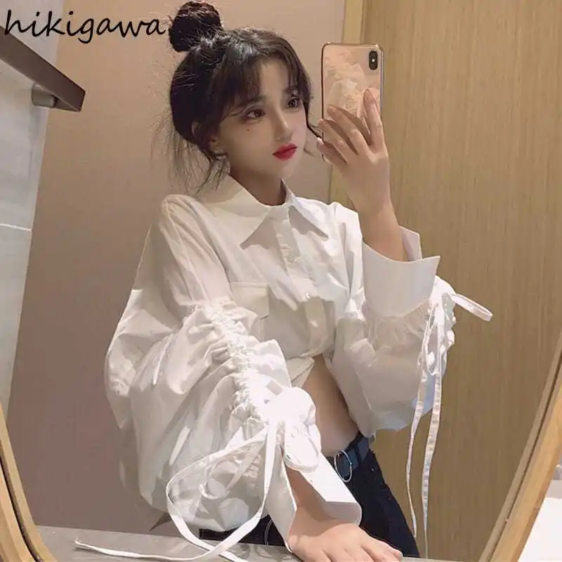 White Blouse Women Fashion Sweet Peter Pan Collar Long Sleeve Crop Tops 2023 Blusas Mujer De Moda Off Shouder Drawstring Shirts