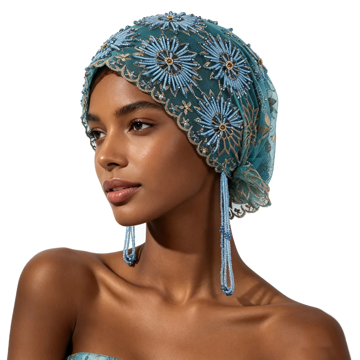 Africa Hijab for Women Sunflower Beanie with A Stylish Lace Two Layer Black White Scarf and A Head Covering Cap Good Looking view 3