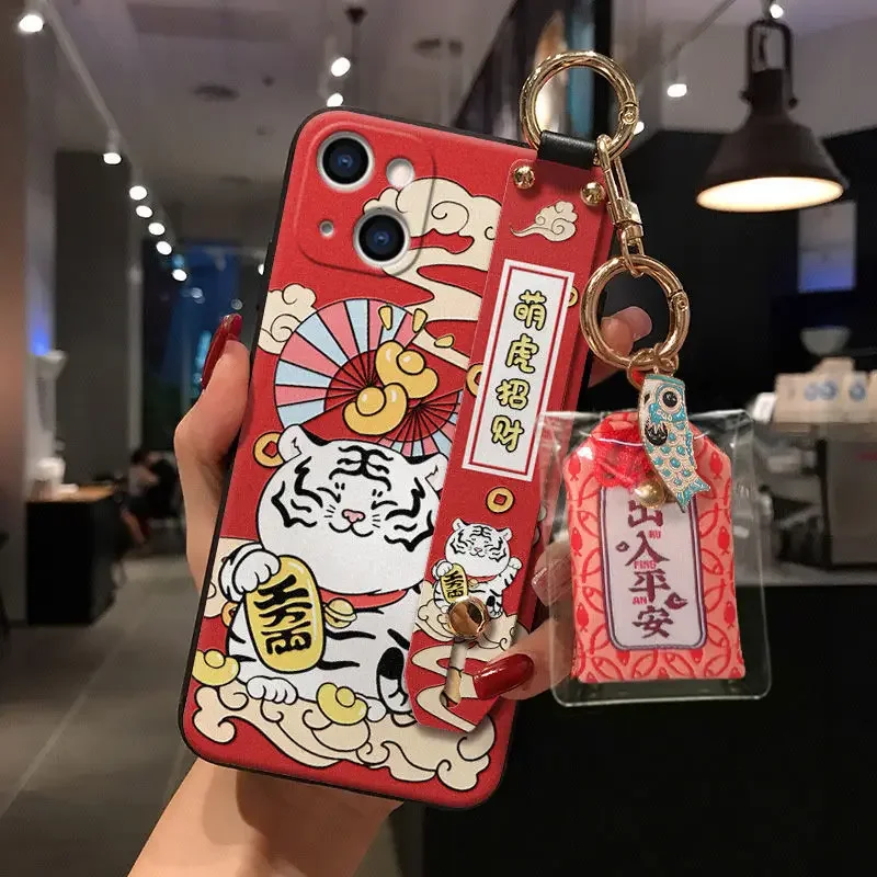 Luxury Embossed Lucky Cat Protection Case for iPhone 11 12 13 ProMax Mini XR XS Wristband Bracket Hanging Decoration Back Cover image 6