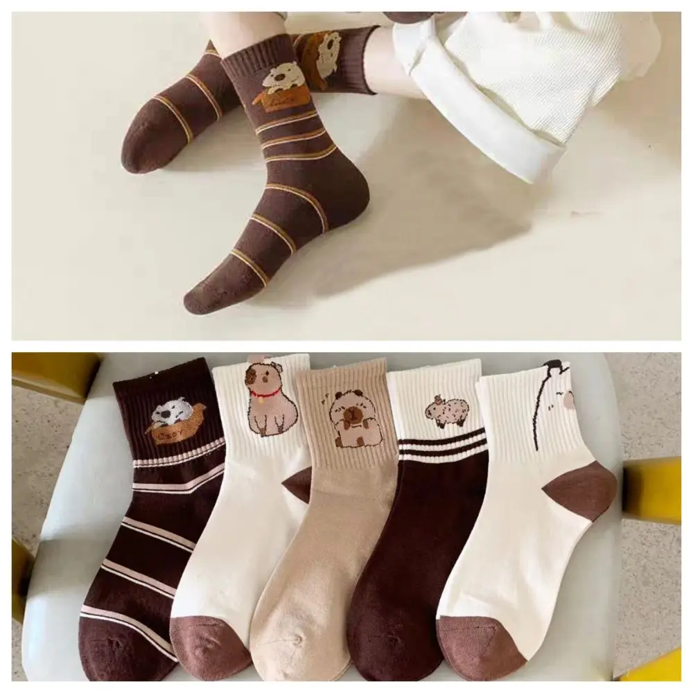 5Pairs Sweet Mid-calf Capybara Socks Patchwork Stripe Cartoon Socks Hosiery Cotton Tube Socks Women Spring