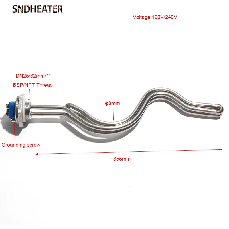 SNDHEATER 120V 240V BSP/NPT Thread Immersion Water Heater DN25 1Inch 2 Clamp Heating Element with Ground Screw 4.5KW 5.5KW 6.5KW