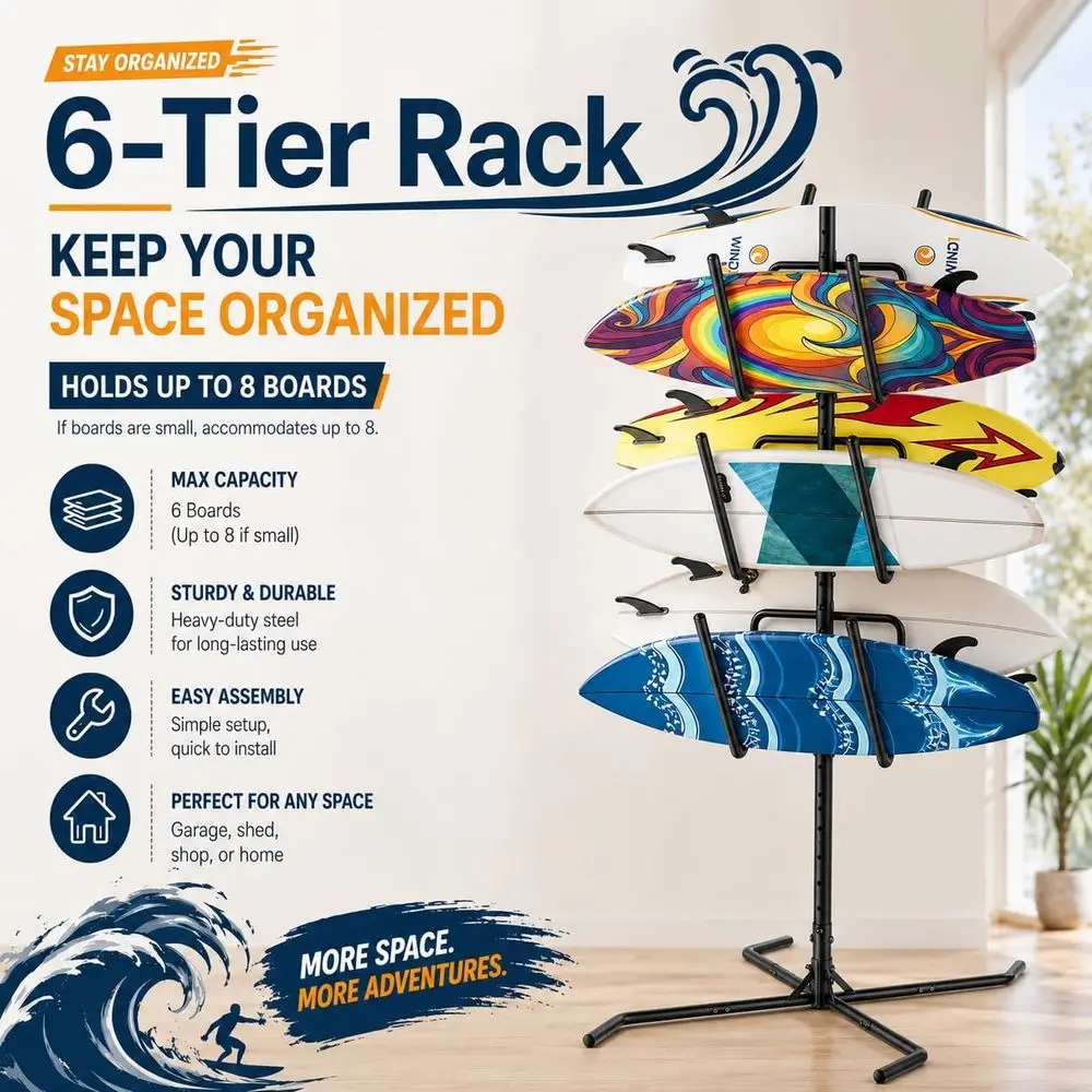 Versatile Heavy-Duty Steel Surfboard Rack for 6 Boards, Outdoor Beach Storage, 68 Tall