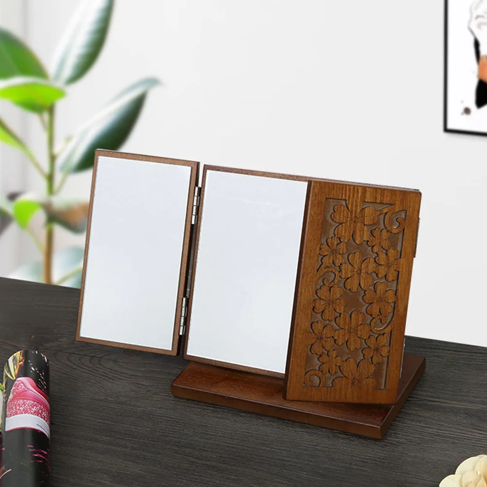 

1pc Foldable Wooden With Home Use Desk Mirror Carved Pattern Three-Sided Design Desktop Mirror For Home Use