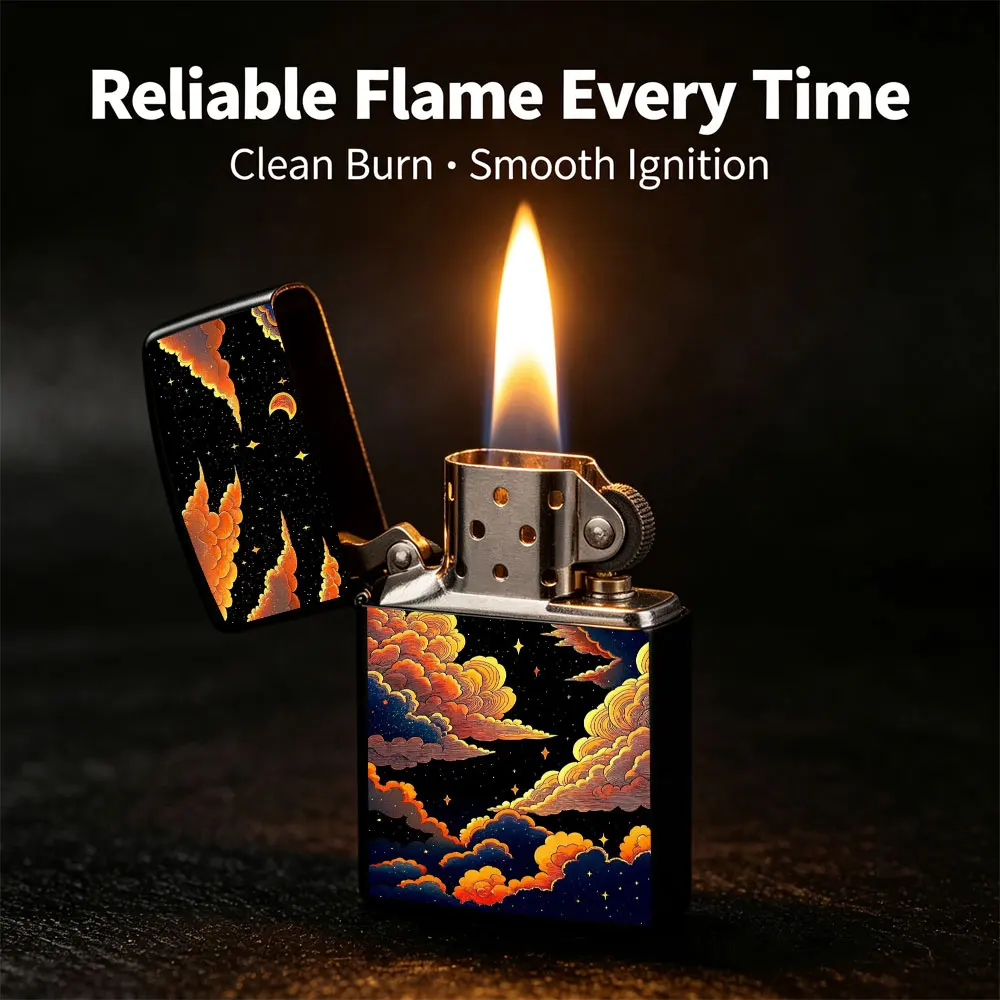 Pocket Lighter, Flip-Top Windproof Design, Starry Night Sky with Clouds, Stars & Crescent Moon Print, Metal Case, Comfortable Grip, Portable & Refillable
