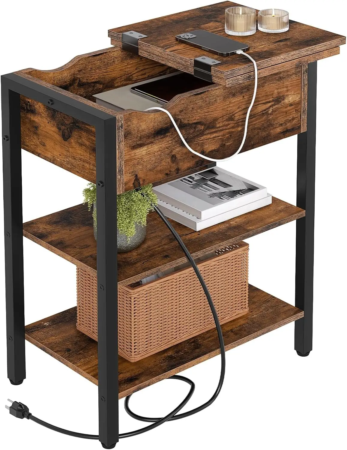 Narrow Side Table, Flip Top Nightstand with USB Ports and Outlets, Bedside Tables with Shelf , Rustic Brown BF341BZ01