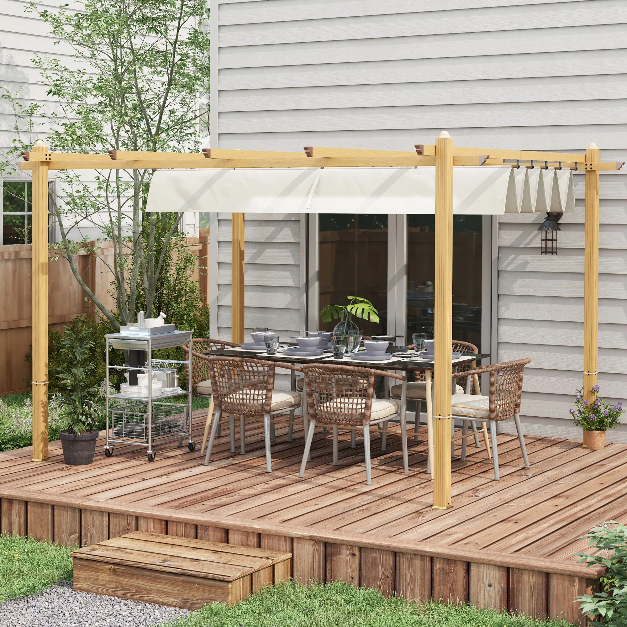 10'x13' Retractable Pergola with Wood Grain Aluminum Frame, Cream