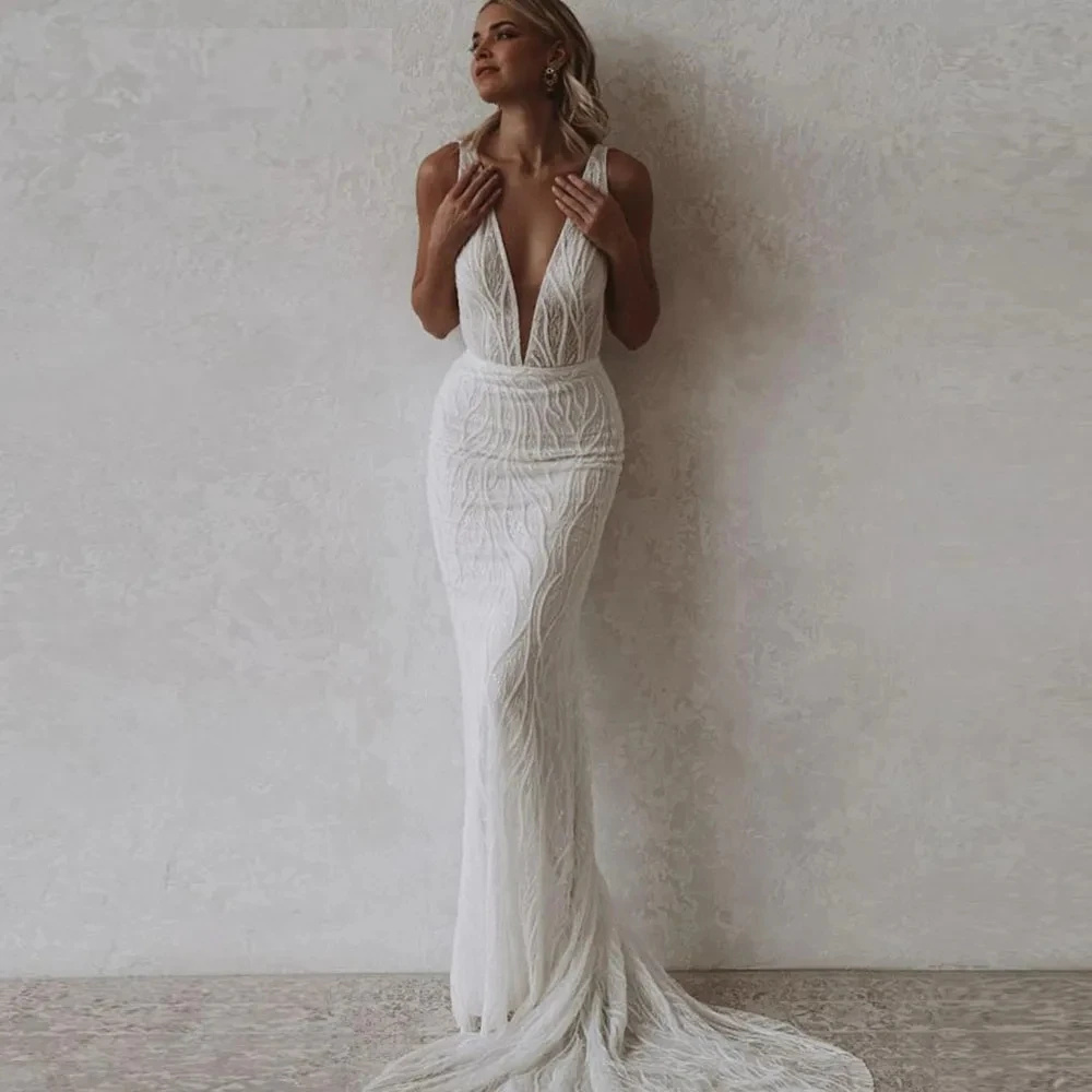 Abiti da sposa sexy con scollo a V senza maniche sirena applicazioni di pizzo lunghezza del pavimento abiti squisiti abiti da sposa 2025 personalizzati