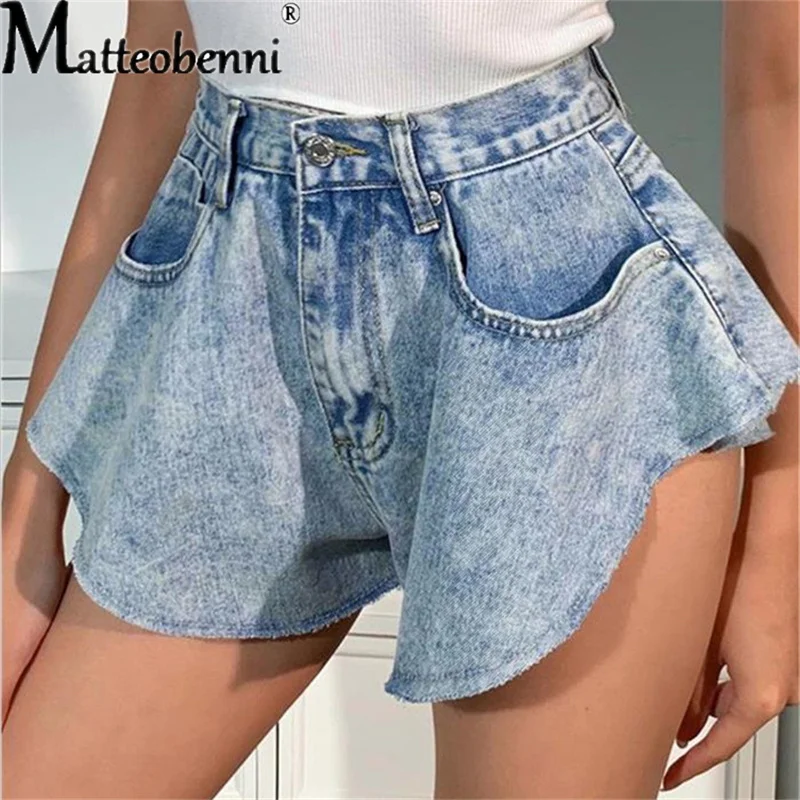 

2022 Summer Women Casual Ripped Denim Shorts Sexy High Waist Ruffle Hem Loose Ruched Jean Short Female Fashion Street Clothing