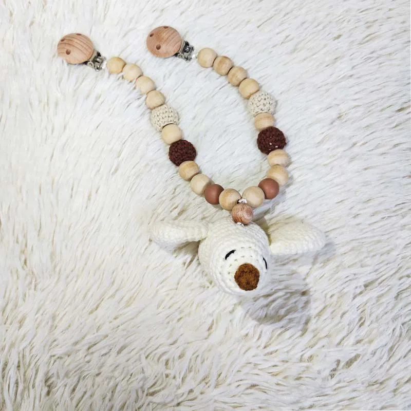 Hand crocheted plush goose baby rattle pacifier clip soft sensory toy newborn shower gift