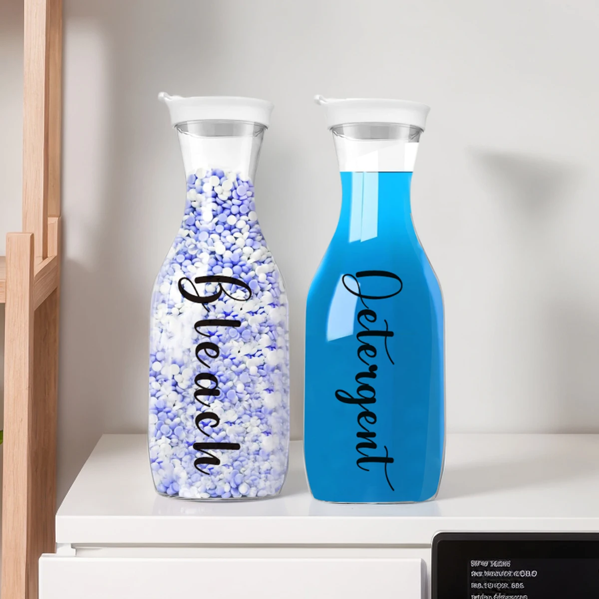 2PCS Laundry Detergent and Softener Dispenser Set Refillable 1000ml Detergent Powder Laundry Beads Storage Box with Labels