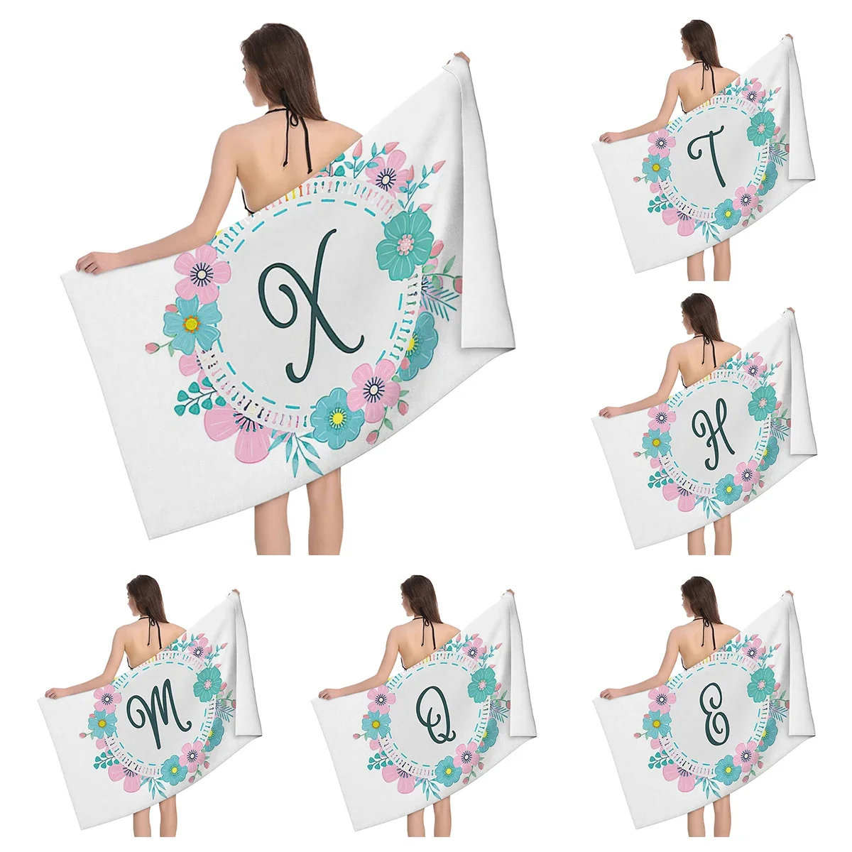 1pc Flower wreath letter pattern Pattern Beach Towel,Ultra-Fine Fiber Beach Blanket,Highly Absorbent Bath Towel,Suitable