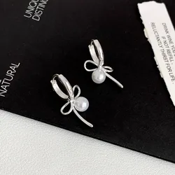 Fashion Sweet Silver Color Bowknot Pearl Pendant Earrings for Women Gentle Elegant Ear Buckle Birthday Party Jewelry Accessories