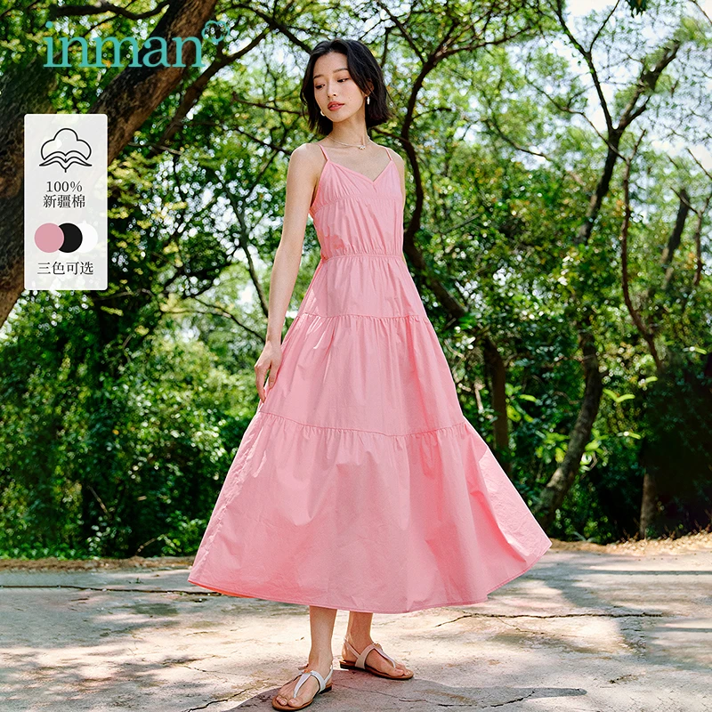 Inman 2025 ฤดูร้อนใหม่ผู้หญิงElegant Vคอผ้าฝ้ายCamiชุด-รีสอร์ทสไตล์เอวกําหนดA-Line Maxi Dress