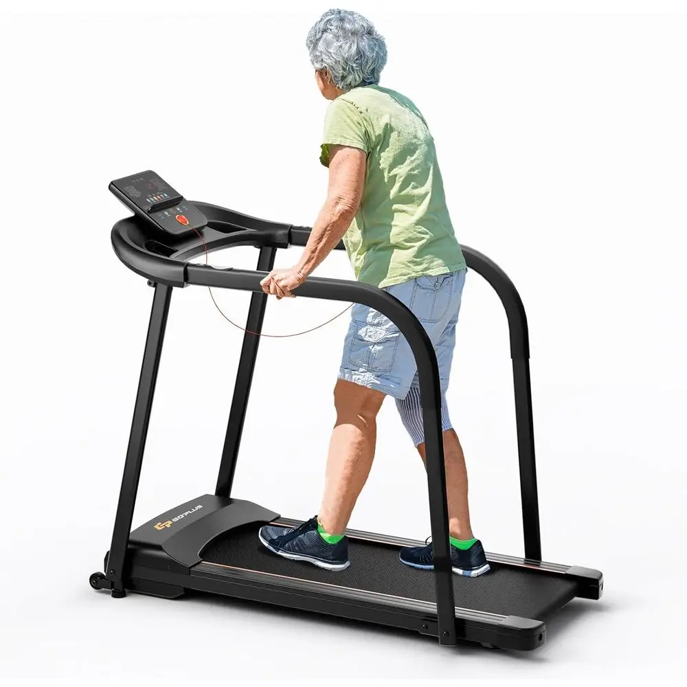

Прочная беговая дорожка для пожилых людей с удлиненными поручнями, грузоподъемность 300 фунтов, датчик пульса, LED-дисплей, 15 программ тренировок