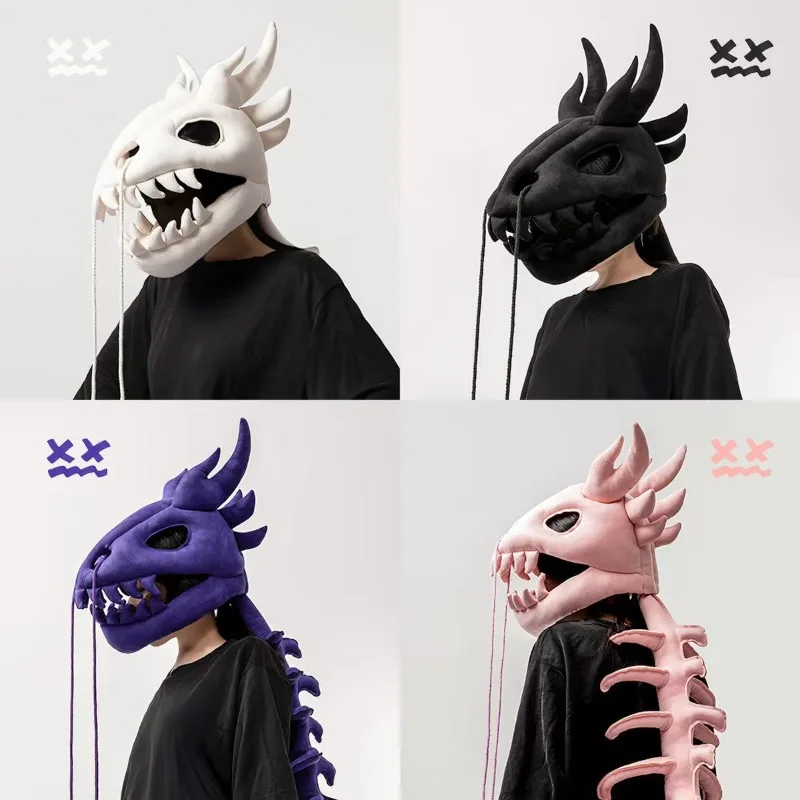 Large Size 120cm Dinosaur Skeleton Plush Headgear with Spine Tail Funny Halloween Cosplay Costume Soft Wearable Dino Skull