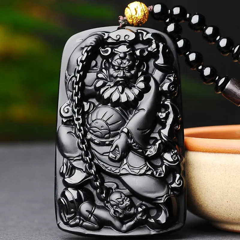 Natural Chinese Black Hand-carved Obsidian Zhongkui Jade Pendant Fashion Jewelry Men and Women Necklace Sweater ChainAccessories