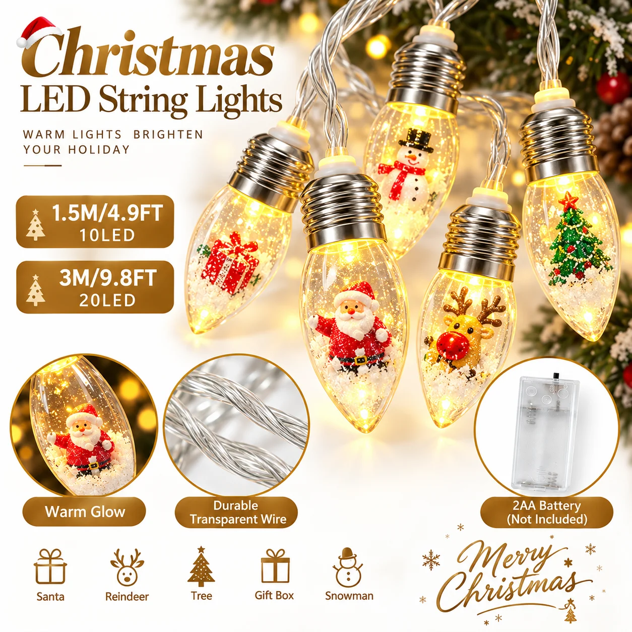 1pc Mixed Figure Christmas Bulb String Lights Warm 10/20 LED Santa Snowman Reindeer Clear Bulb Fairy Lights For Room Patry Decor