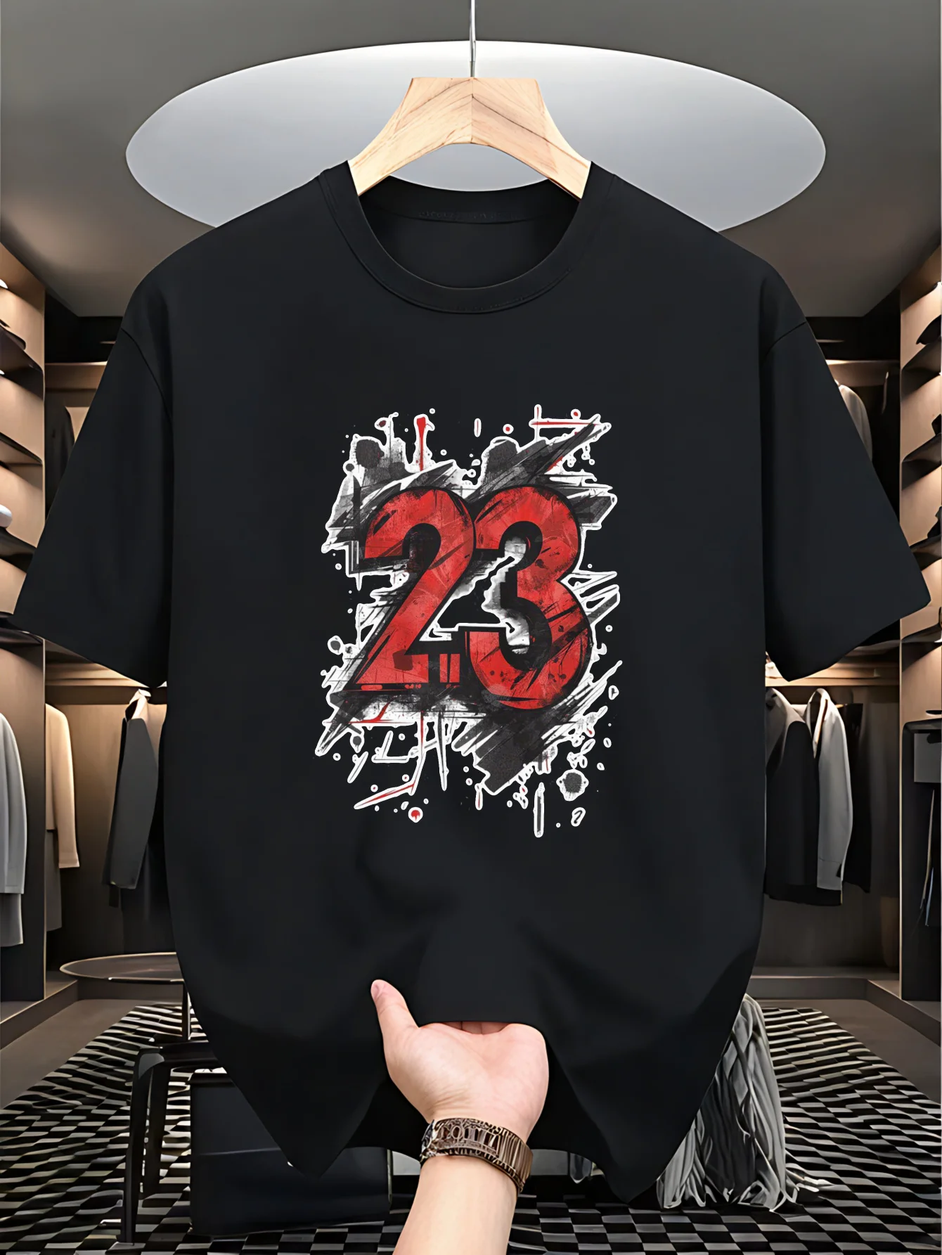 Men'S T-Shirt - Model No. 23 with Splatter Paint Effect Pattern, Suitable for Casual Wear, Round Neck Design and Bold Prints, Short-Sleeve Street Style, Men'S Sports T-Shirt, Men'S Sports Digital Print T-Shirt, Knit Style T-Shirt, Plus Size