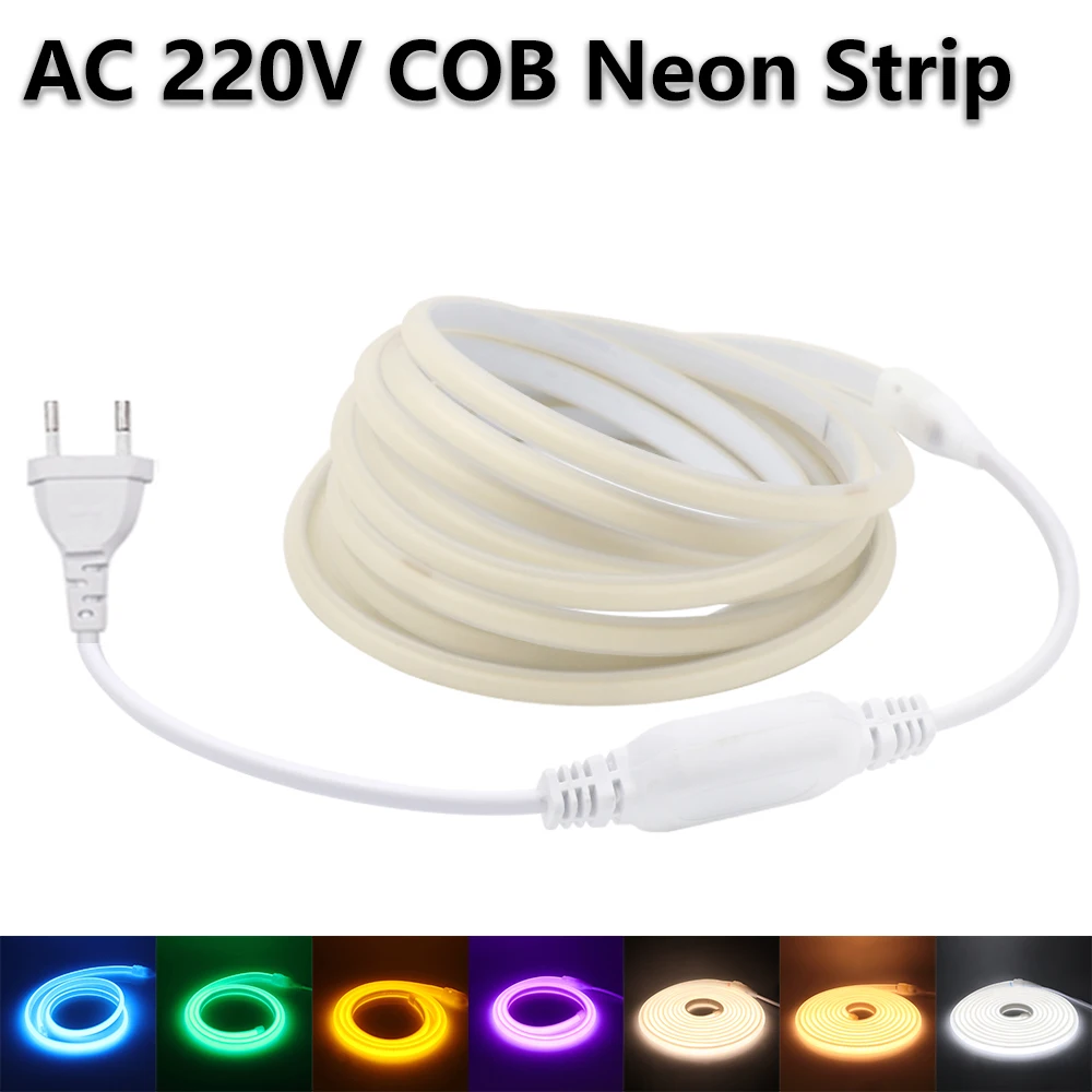 Neon Led Light Strips EU Plug 220V 288Leds/m Soft COB Light Bar Waterproof Silicone Neon Sign White Red Blue Green Pink Ice Blue