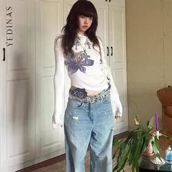 Yedinas Hotsweet Floral Graphic T Shirts Women Clothes Long Sleeve Off Shoulder Print 2000s Clothes Y2k Autumn Tops Chic Tees