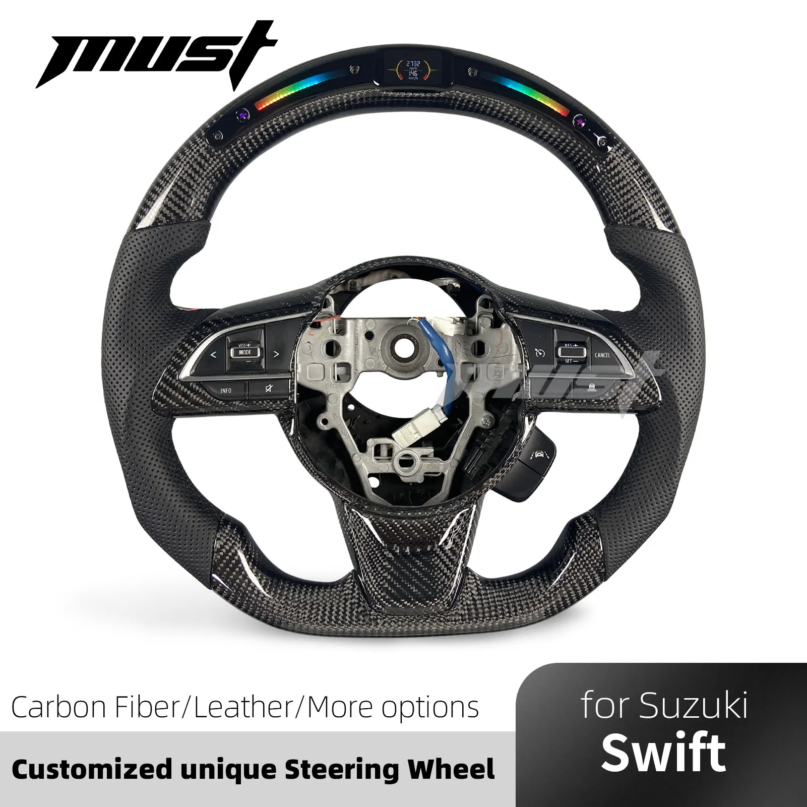 For Suzuki Jimny Swift 2017-2026 Customized Off-road Racing Sports Black Carbon Fiber Steering Wheel with LED Rpm Display