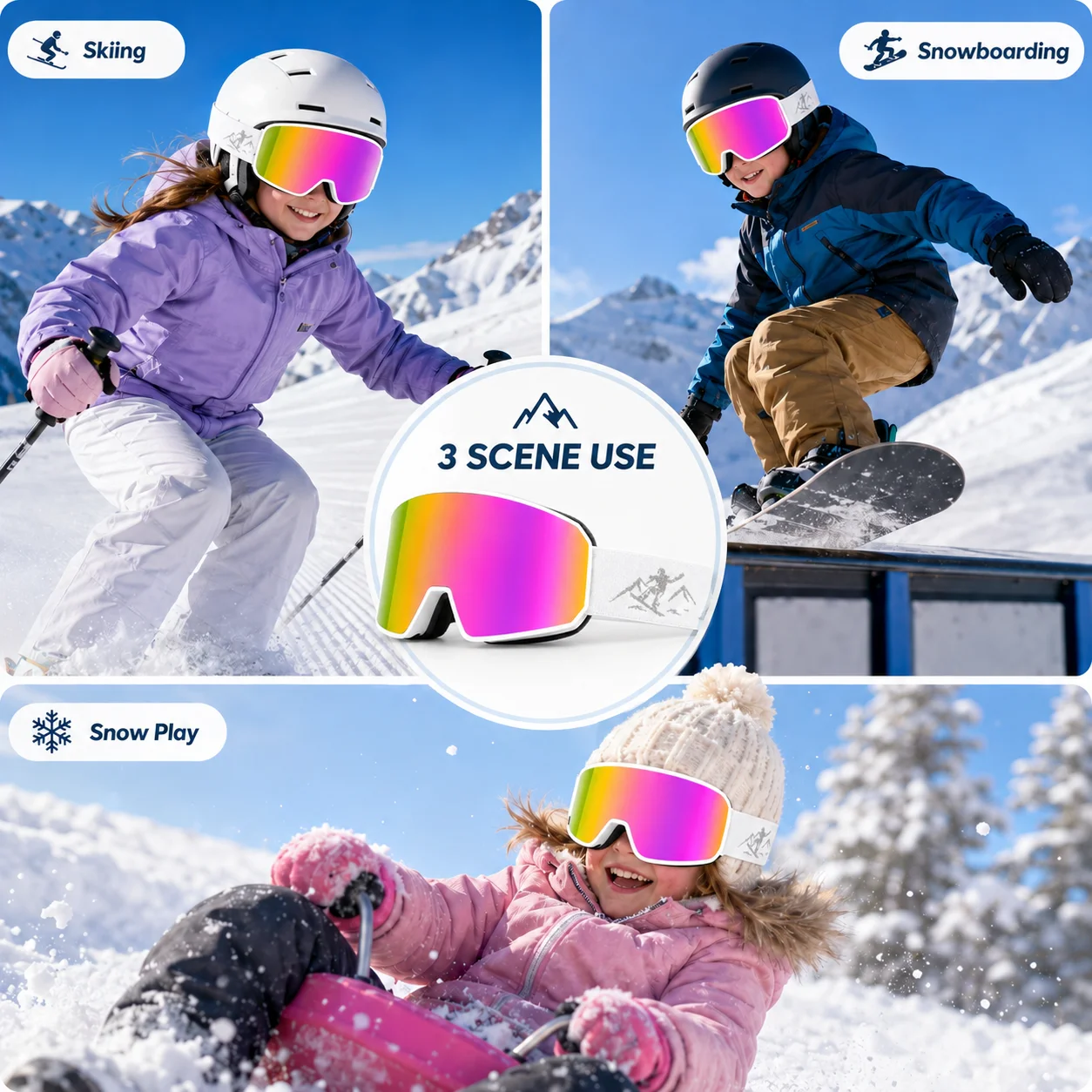Professional Anti-Fog Kids Snowboard Goggles for Ages 4-15, New Children Ski Goggles, UV400 Kids Ski Eyewear