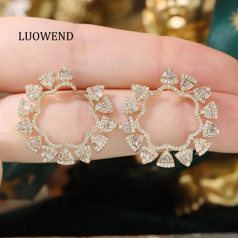 LUOWEND 100% 18K Yellow Gold Earrings Luxury Vintage Design 1.20carat Real Natural Diamond Earrings for Women Senior Banquet