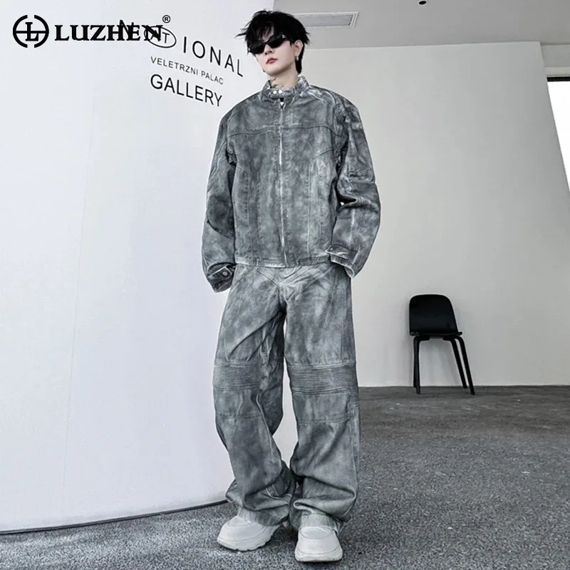 LUZHEN Scrawl Wornout Pleated Design Long Sleeved Jacket Two Piece Sets Original Streetwear Fashion Men\'s Straight Pants LZ4696