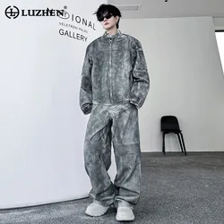 LUZHEN Scrawl Wornout Pleated Design Long Sleeved Jacket Two Piece Sets Original Streetwear Fashion Men's Straight Pants LZ4696