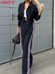 OOTN Patchwork Women Suits Two Piece Sets Casual Long Sleeve Tops Zipper Female Loose Pants 2024 Summer Fashion Sports Set