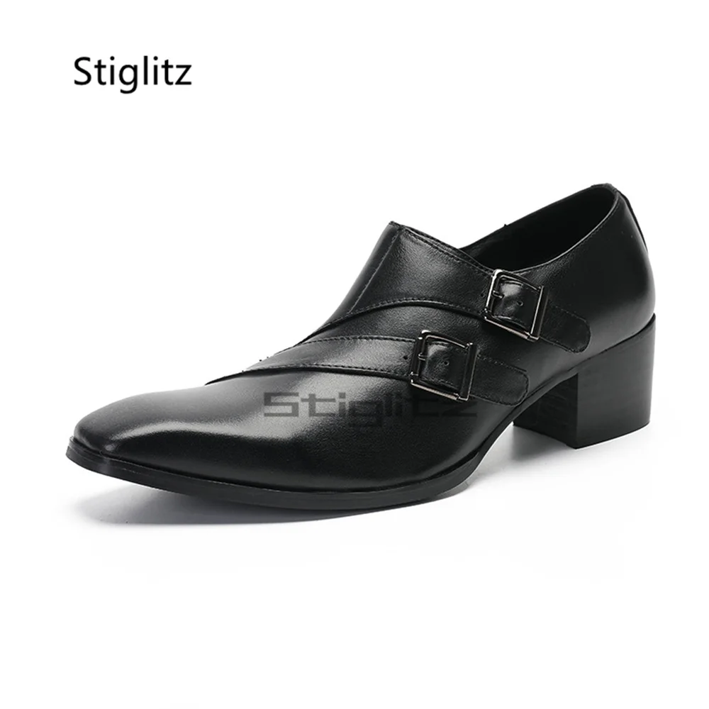 Men's Black Double Buckle Dress Leather Shoes Pointed Toe Block High Heels Real Cowhide Slip On Business Wedding Party Shoes