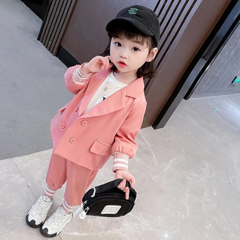 

Girls Suit Coat+Pants Cotton 2Pcs/Sets 2022 Formal Spring Autumn Outfits Sports Sets Kid Tracksuit Uniforms Children Clothing