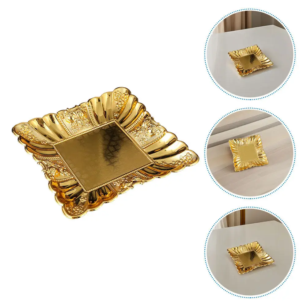 Vintage Style Square Metal Dessert Platter Tray with Intricate Floral Edges Mirror Polished Iron Cake Plate for Jewelry Snacks