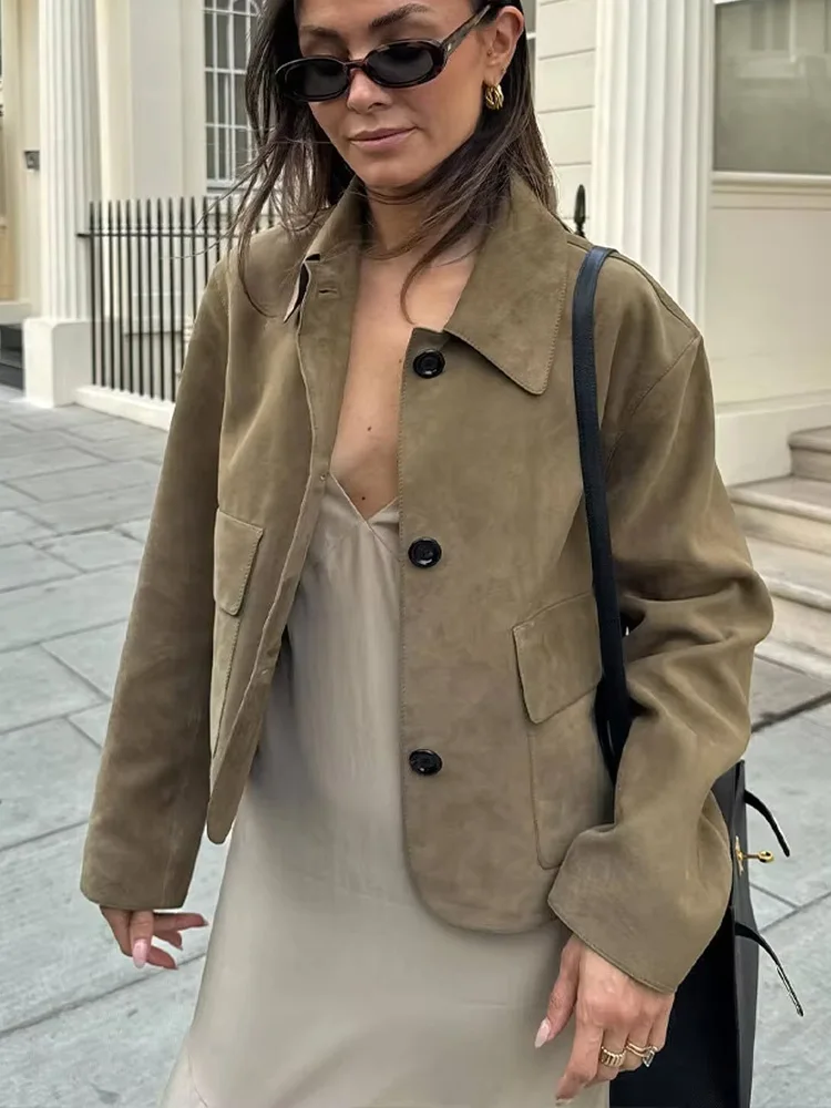 

HH женские осенние новые модные винтажные замшевые пальто с карманами, женские однобортные однобортные двухцветные уличные повседневные куртки с лацканами