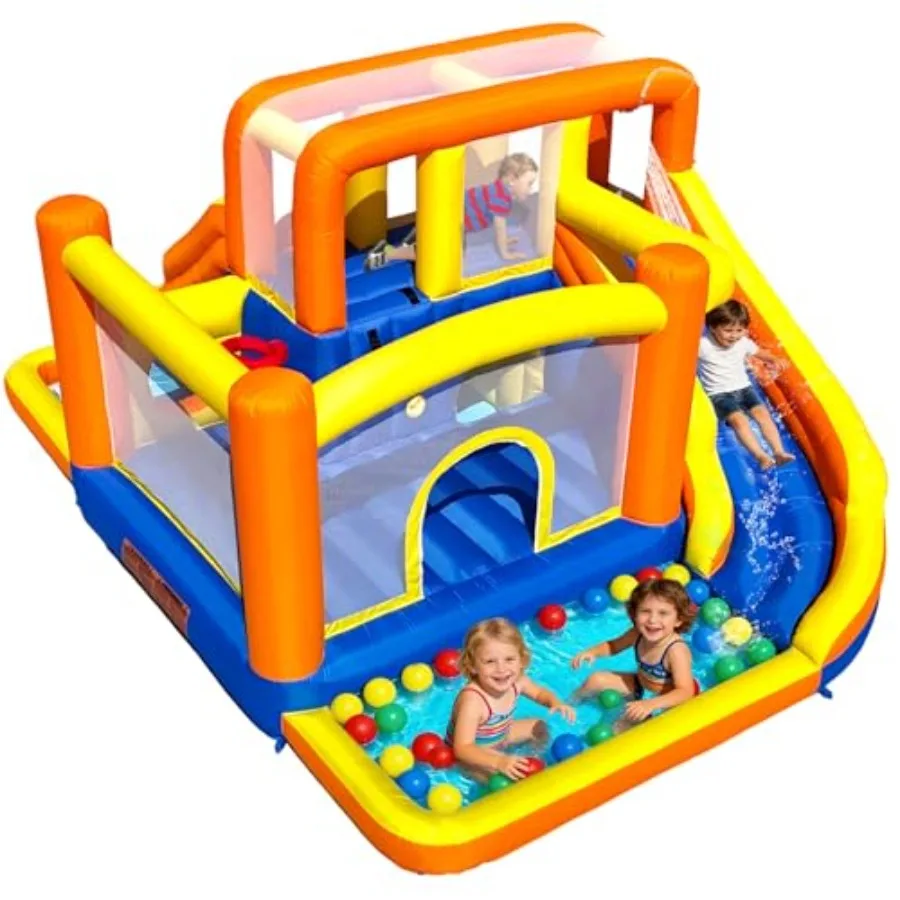 

Большой надувной батут 16.5x11 футов с двумя отдельными длинными горками, 2 бассейнами, 2 скалодромами и 2 туннелями для ползания.