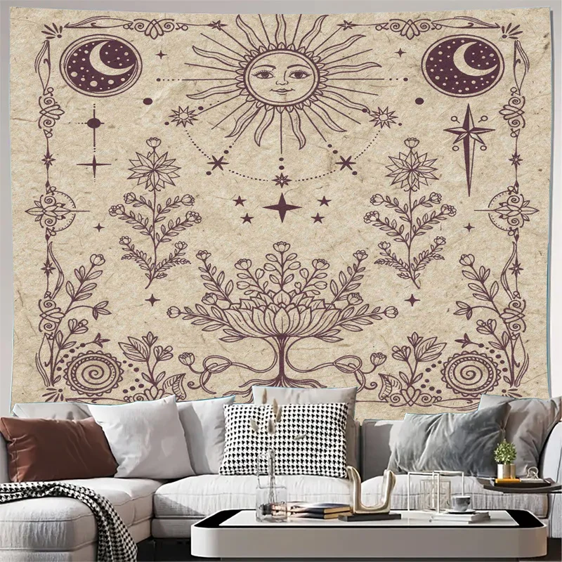 Bohemian Celestial Tapestry Wall Hanging Zodiac Sun Moon Cosmic Tree of Life Boho Mystic Astrology Poster Home Decor Artwork