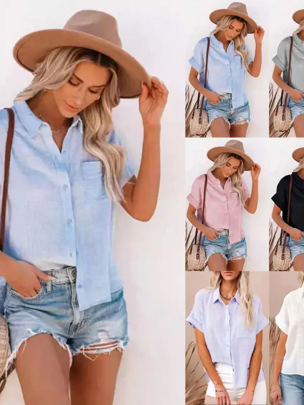 Einfarbige Knopfleiste-Bluse für Damen, Street-Style, Locker Geschnitten, Atmungsaktiv, Sommer-Mode, Lässige Bluse
