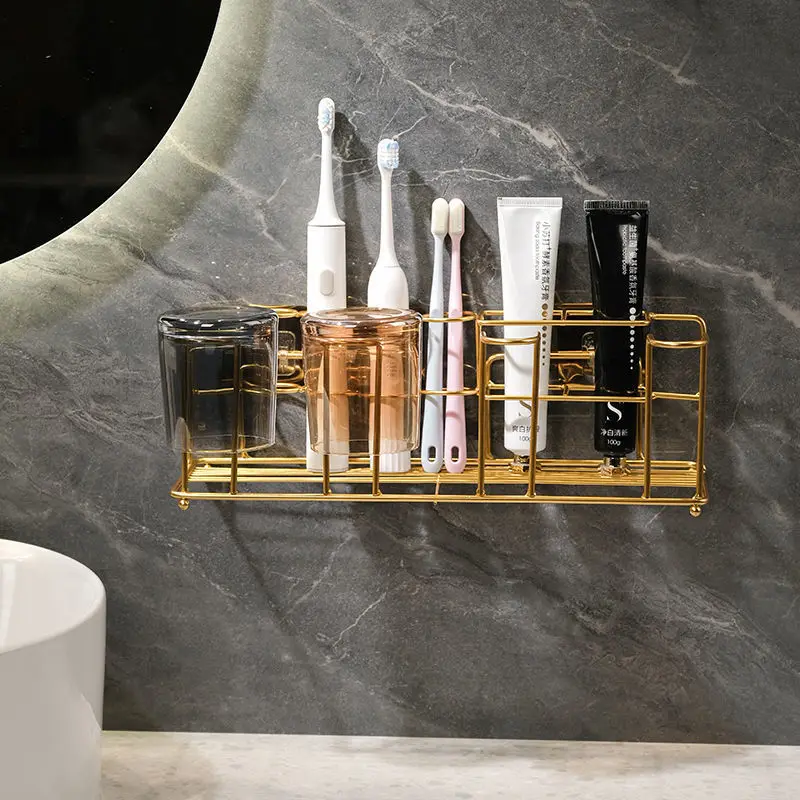 Luxury Gold Bathroom Storage Rack Iron Art Wall Mounted Toothbrush Holder Washroom Mouthwash Cup Organizer Bathroom Accessories