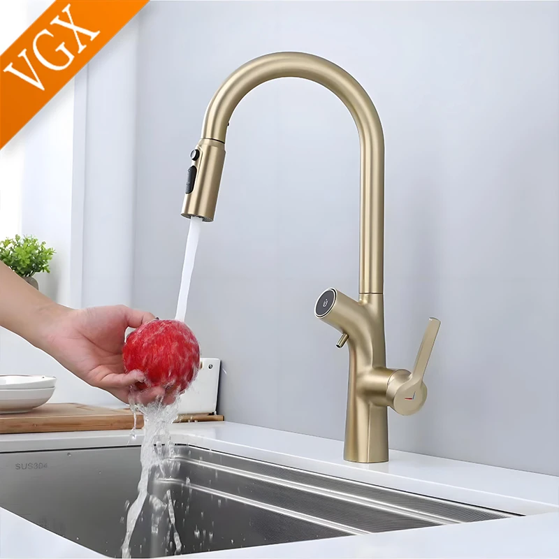 VGX Gold Water Filter Kitchen Faucet Dual Spout Pure Drinking Water Tap Pull Out Kitchen Sink Mixer Kitchen Gourmet Faucet Crane