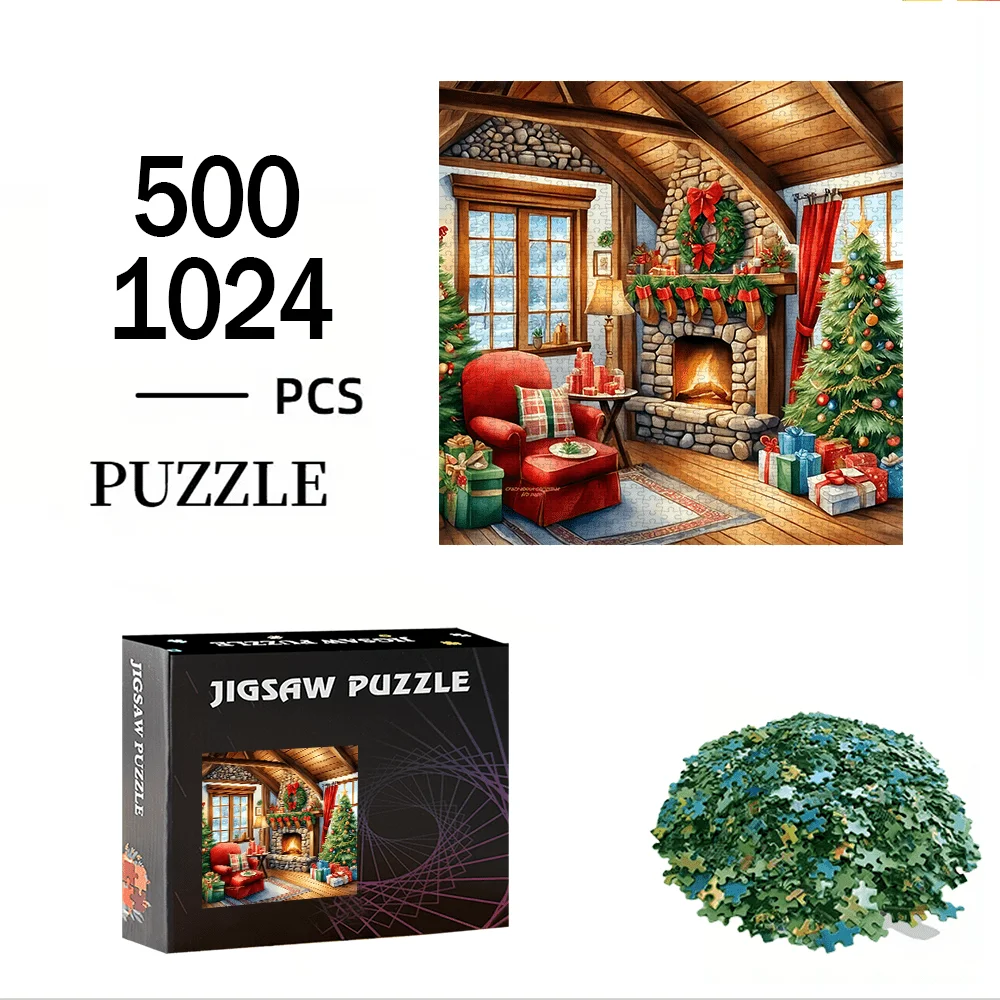 500/1024pcs Jigsaw Puzzle - Large Fireplace & Christmas Tree House with 500+pcs (1024 Challenge) | Advanced Level Family Game