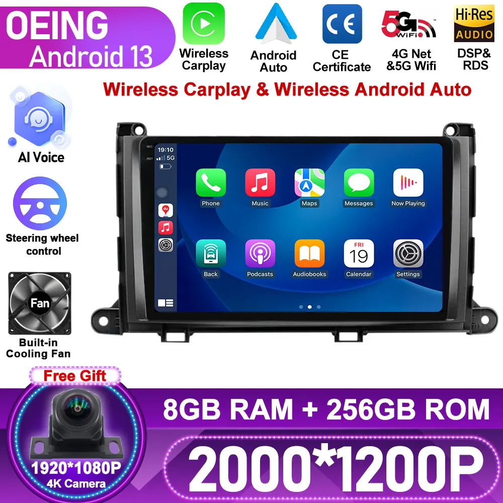 For Toyota Sienna 2009 2010 2011 2012 2013 2014 Car Player Android Stereo Radio Carplay 2 Din GPS 8 CORE IPS Touch Screen Button