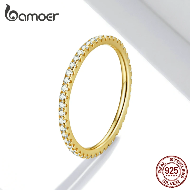 BAMOER 925 Sterling Silver Simple Elves Plated Gold Finger Ring for Women Fashion Dazzling CZ Stone Anillos Jewelry Party Gift