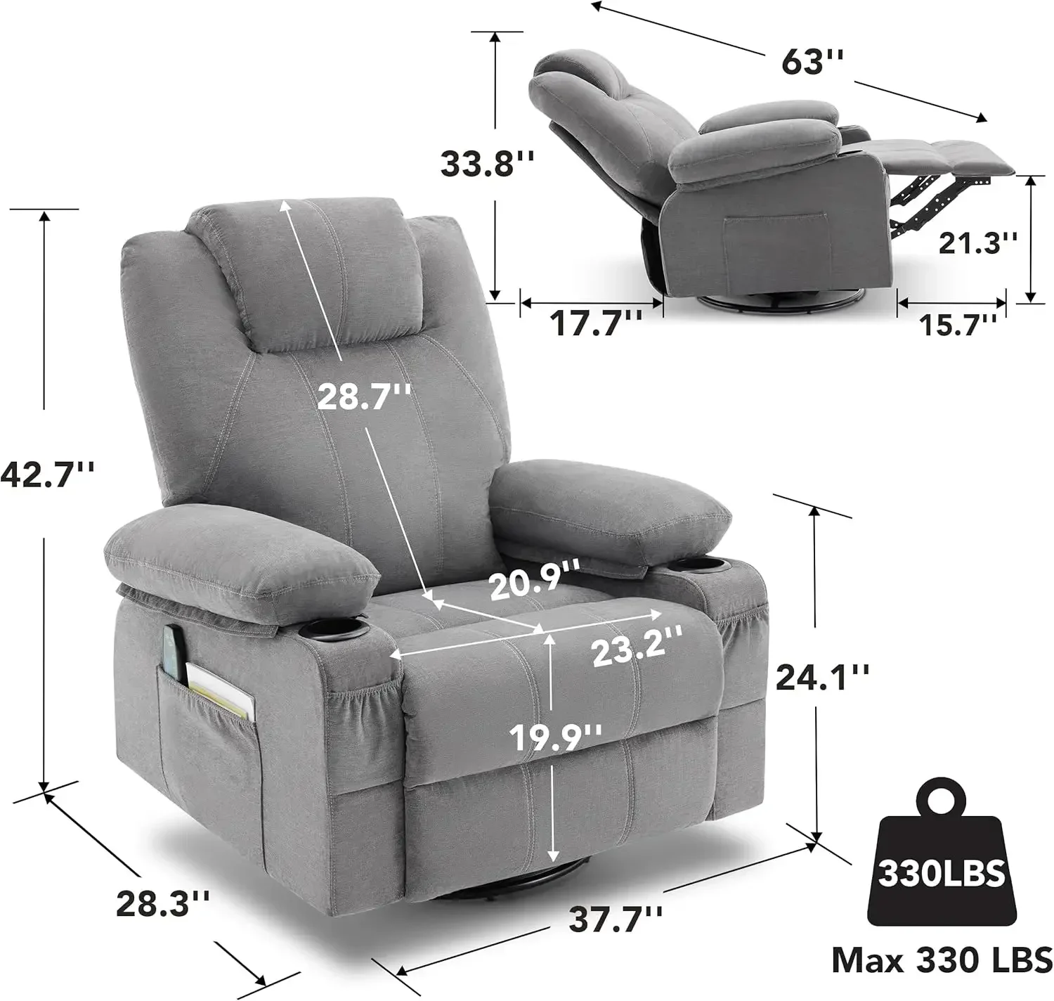 Oversized Swivel Rocker Recliner Chair with Heat and Massage, 360 Degree Swivel Rocking Single Sofa with Cup Holders and USB Por