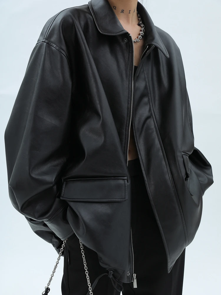 Tawaaiw Unisex Black Pu Leather Coats And Jackets Women Long Sleeve Pocket Turn-down Collar Streetwear American Retro Outerwear