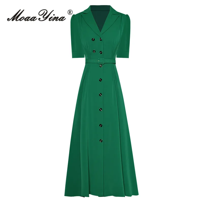 

MoaaYina Summer Fashion Runway Green Vintage Party Dress Women Lapel Single Breasted Sashes Gathered Waist High Slit Long Dress