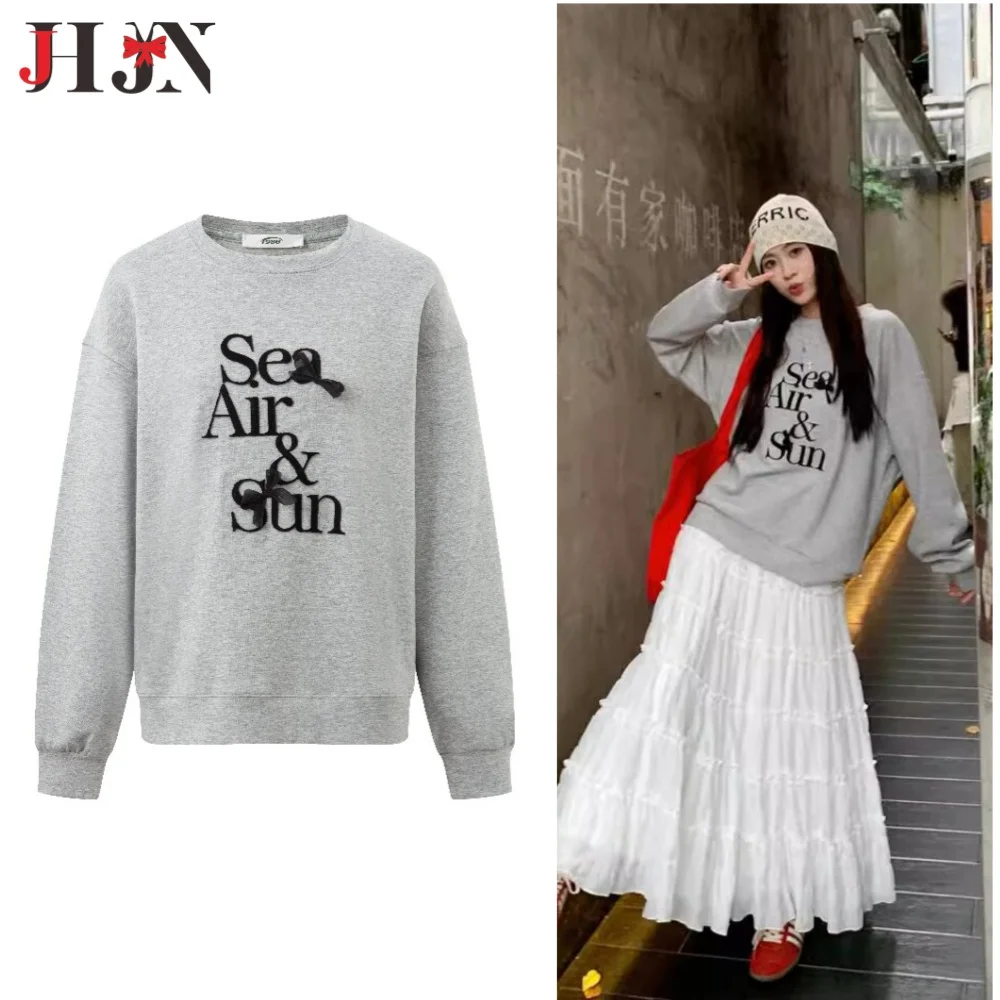 JHJN 2025 ฤดูใบไม้ร่วงใหม่รอบคอPullover Air Cottonเสื้อสําหรับผู้หญิงHoodiesเสื้อBowLoose-Fit Letterเสื้อกันหนาว