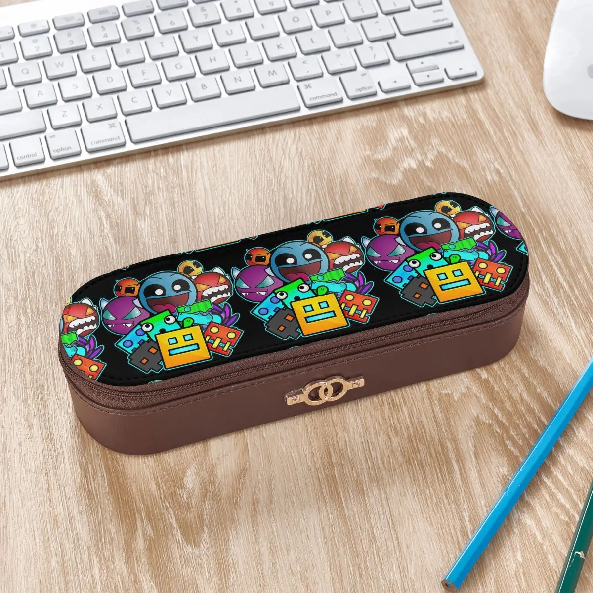 Geometry Dash Game Music Cute Geometric Leather Pencil Case Pencil Pouch Storage Stationery Supplies Pen Box