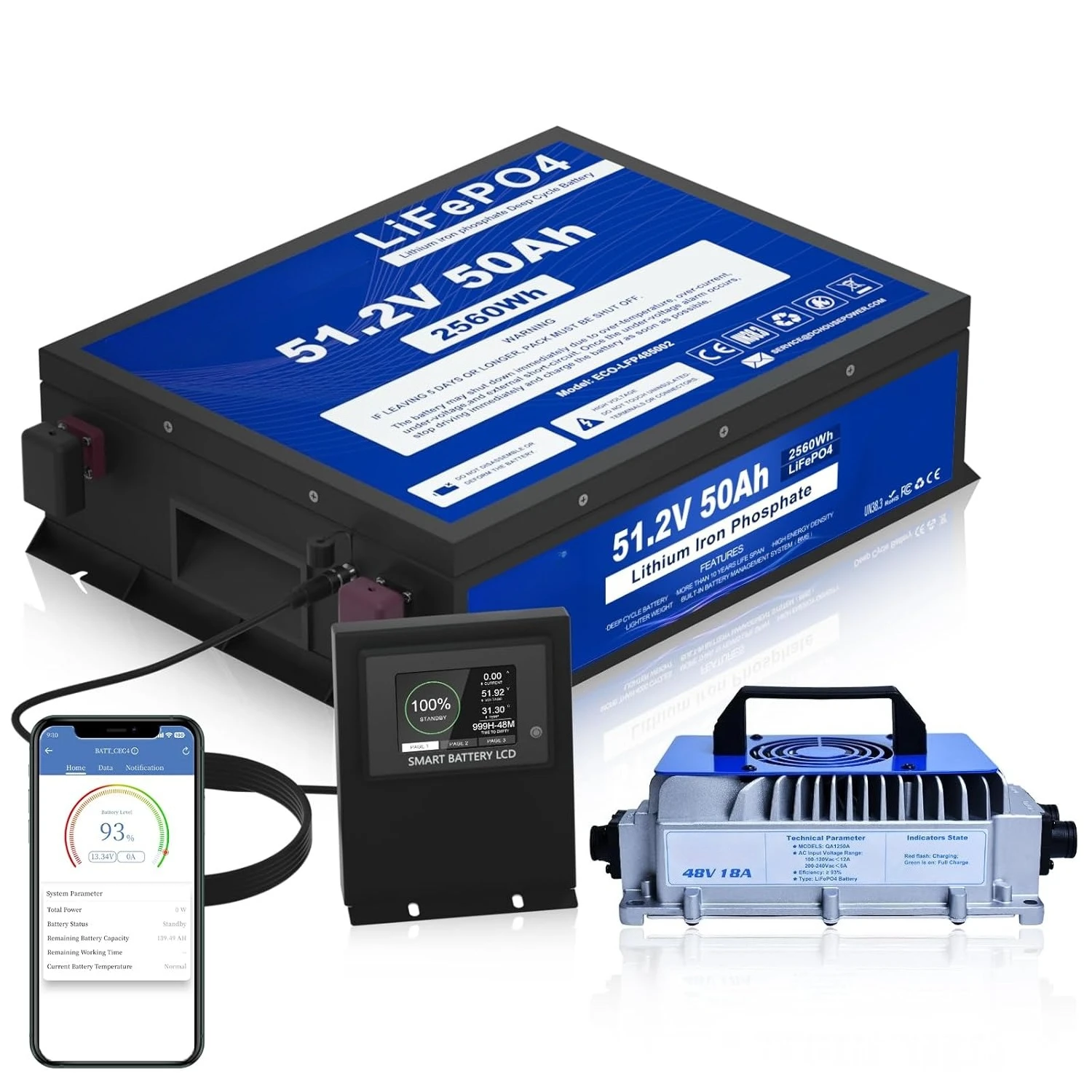 

Аккумулятор для мини-гольф-кара 48В 50Ач с зарядным устройством 18А, Bluetooth-приложением и сенсорным ЖК-дисплеем, низкотемпературный, настраиваемый